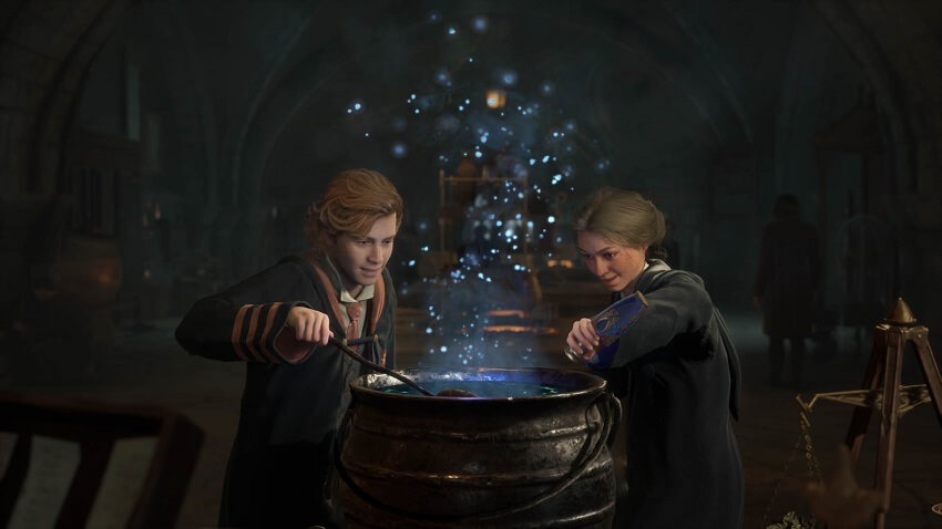 Game capture image from Hogwarts Legacy showing a two characters brewing potions