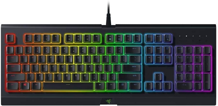 Image of a Razer Cynosa Chroma gaming keyboard with rainbow RGB lighting
