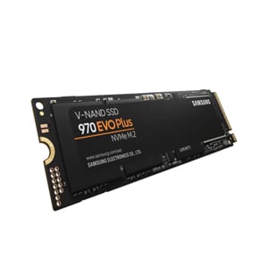 Image of a Samsung 970 EVO Plus NVMe M.2 SSD against a white background. 