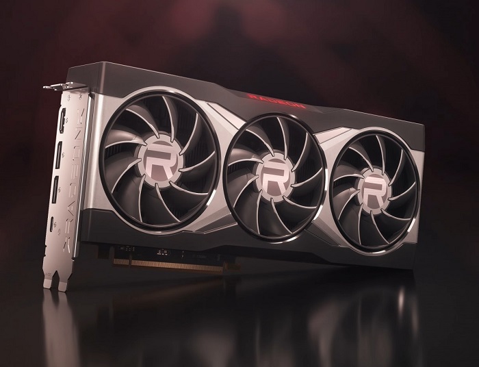 Promotional image of an AMD 6800 graphics card showcasing its 3 cooling fans