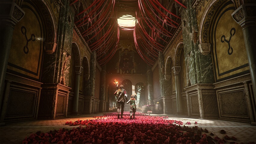 Game capture image from A Plague Tale: Requiem of the protagonists walking through a grand hall