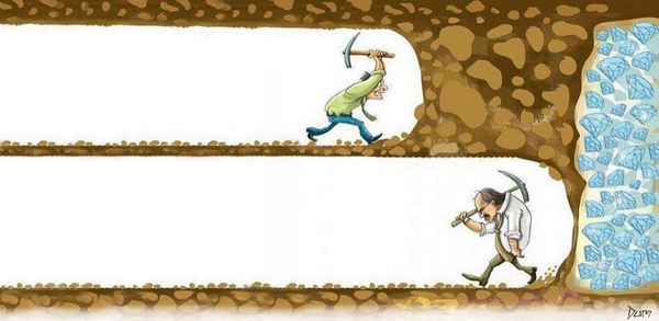 An image of two people digging towards a cache of diamonds. One man turns away, the other continues, a few feet from the reward