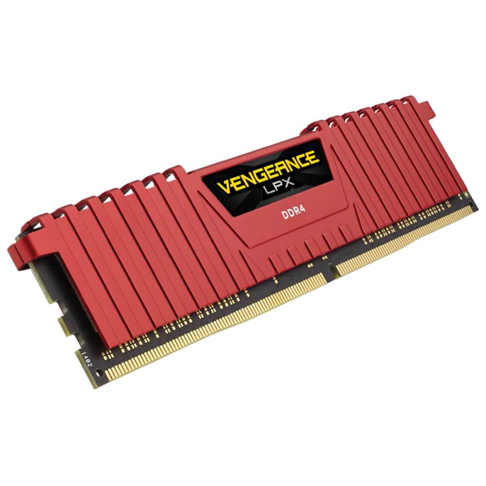 Corsair Vengeance LPX RAM stick with a red heatspreader