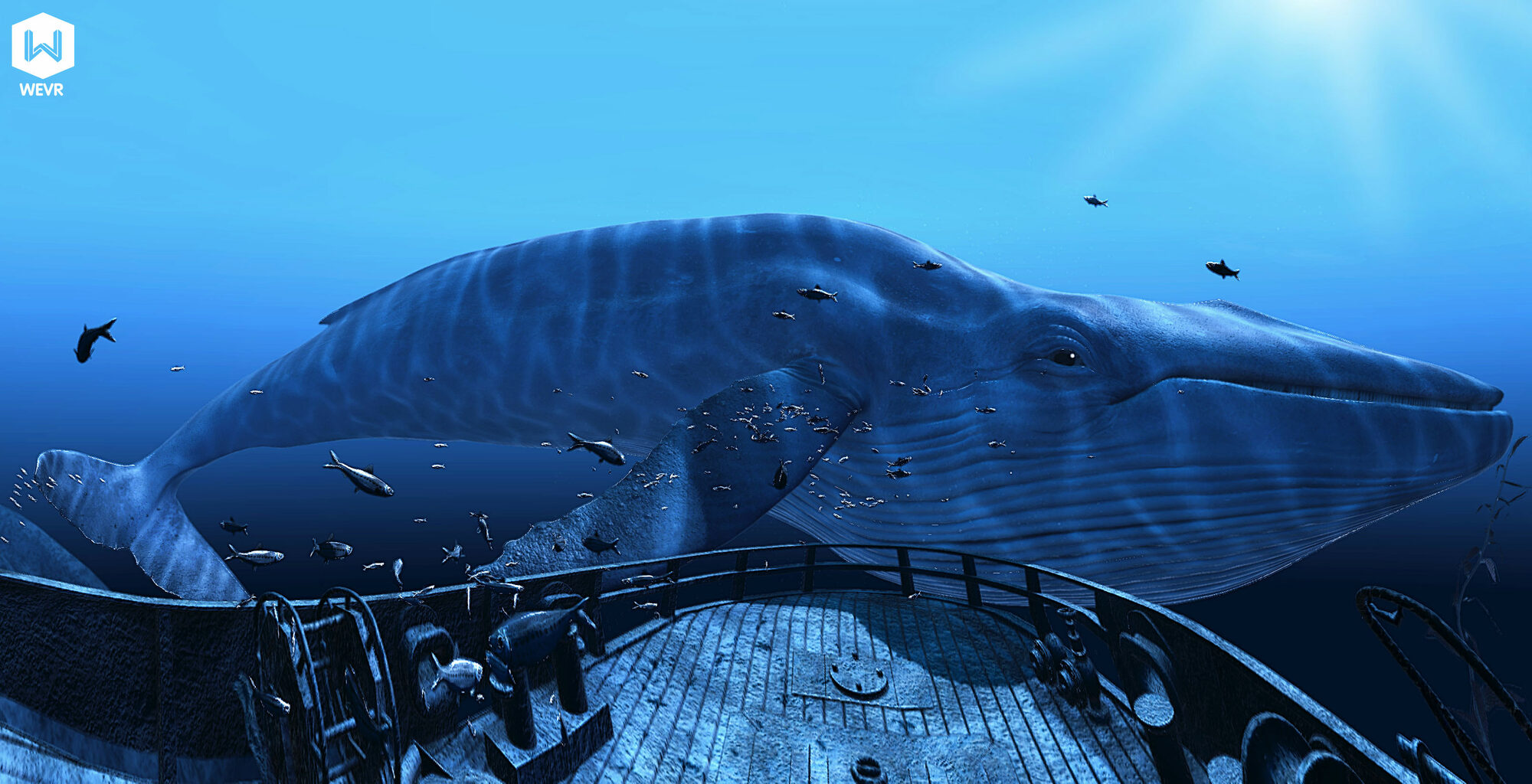 Screen capture of an under the ocean HTC Vive VR demo game which shows a shipwreck and a big blue whale. 