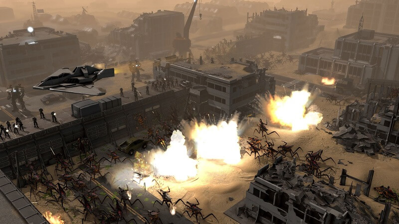 Game capture image of a large battle in the game Starship Troopers – Terran Command showing explosions and fighter jets