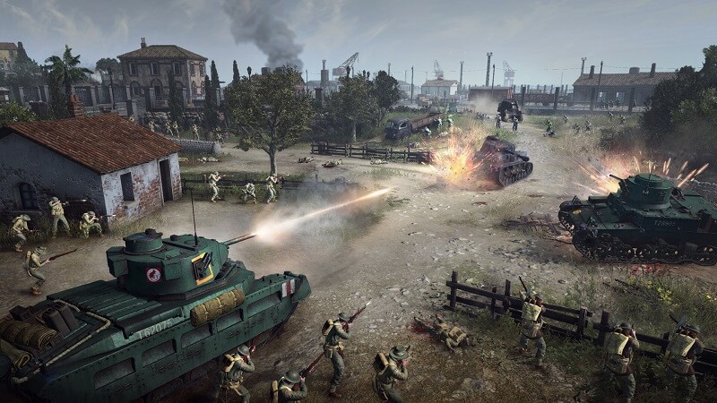 Game capture image from Company of Heroes 3 showing tanks shooting at each other