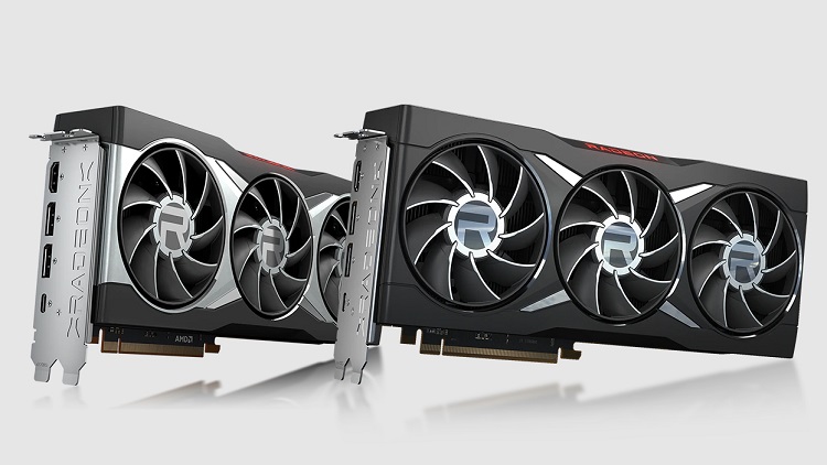 Image of 2 AMD RX 6800 XT ray tracing graphics cards against a white background