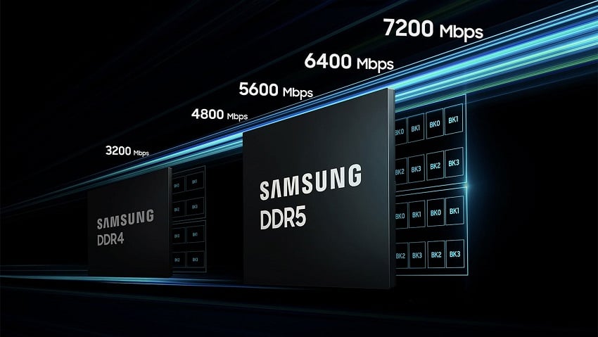 Promotional image showing the difference in speed between DDR4 Samsung RAM and DDR5 Samsung RAM