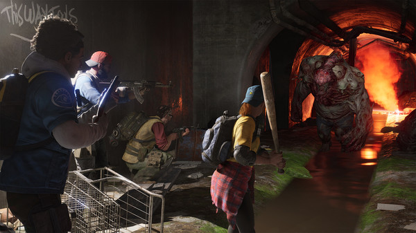 Game capture image from Back 4 Blood showing the characters facing up to a large zombie in a tunnel