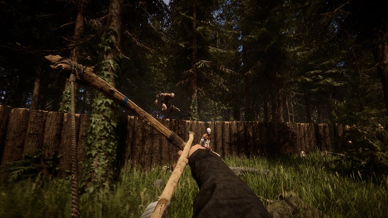 Game capture image from Sons of the Forest showing the player facing off against two figures with a bow and arrow