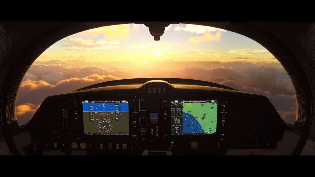 Screen capture image from Flight Sim 2020 from inside a cockpit looking out across the clouds towards the sun