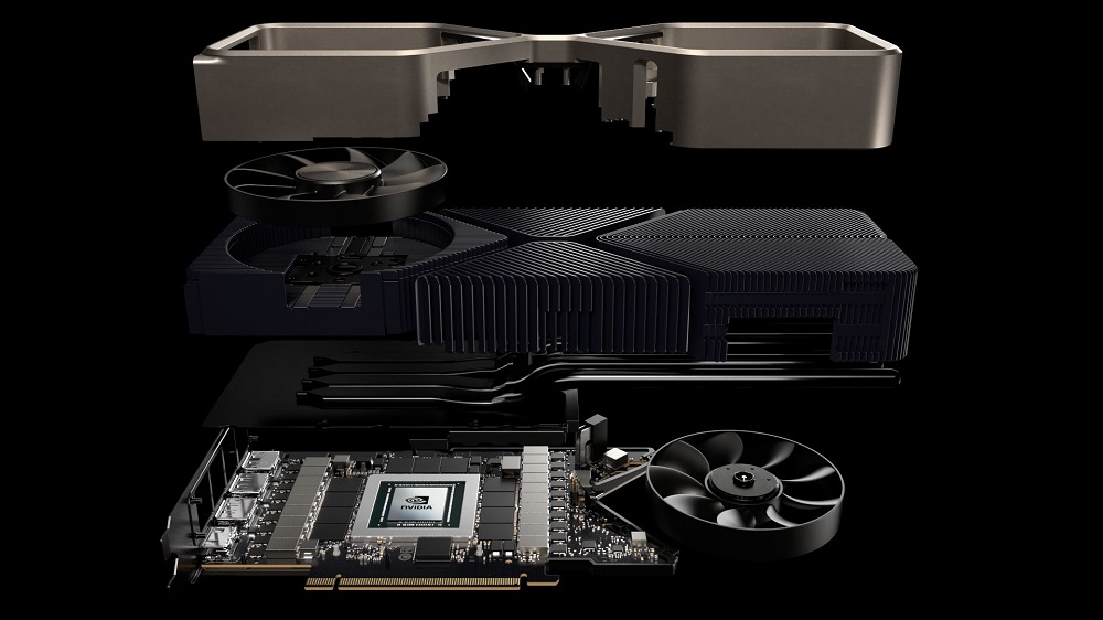 Promotional image of a deconstructed 3000 series GPU against a dark background