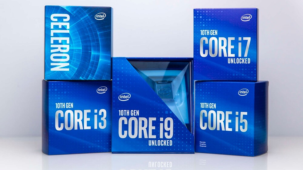 Image of a range of Intel 10th Generation CPU boxes against a white background