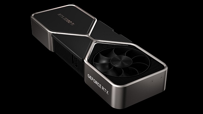 Promotional image of an Nvidia RTX 3080 Ti GPU against a black background