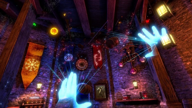 Game capture image from the VR game Waltz of the Wizard that shows two glowing blue hands shooting magic into the air