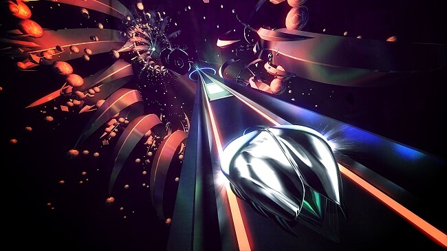 Game capture image from Thumper showing the metallic beetle on the track