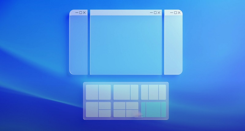 Promotional image for Microsoft Windows 11 snap groups functionality showing different window sizes and combinations