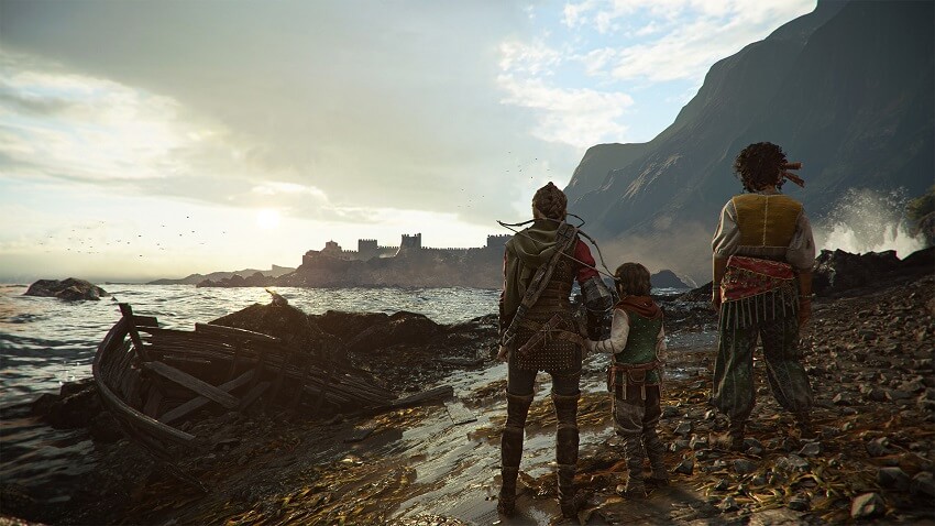 Game capture image from A Plague Tale: Requiem showing the main characters looking out to sea from the shoreline