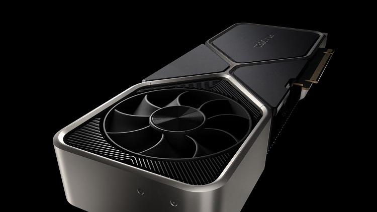 Image of the Nvidia RTX 3080 ray tracing graphics card against a black background