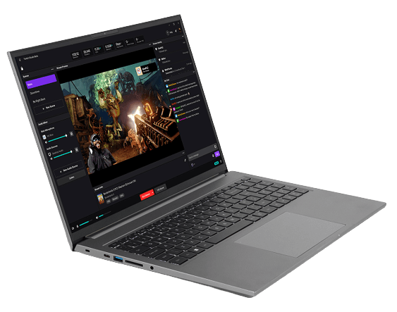 An angled side-on view of the Chillblast Phantom 3050Ti Gaming laptop with live streaming software on the screen