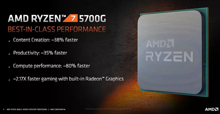 Informational image that provides some details about the AMD Ryzen 7 5700G APU - content creation is 38% faster, productivity is 35% faster, compute performance is 80% faster and it has 2.17x faster gaming with built-in Radeon graphics