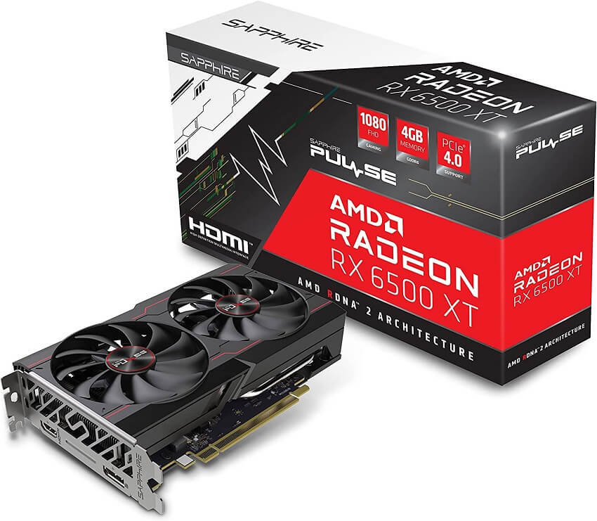 Photo of an AMD Radeon RX 6500 XT GPU next to its box
