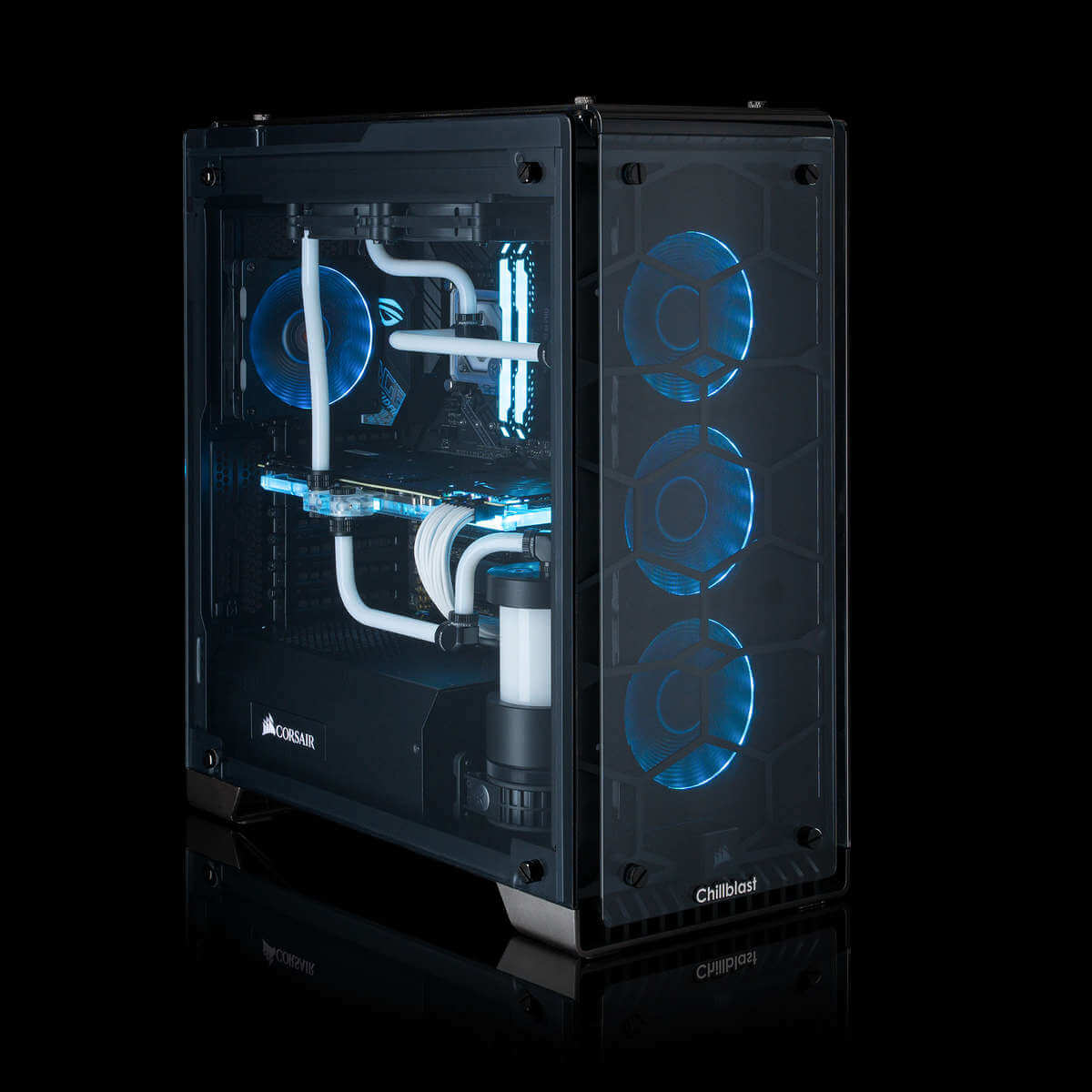Image of the watercooled Chillblast Fusion Hailstorm X RGB Gaming PC against a dark background