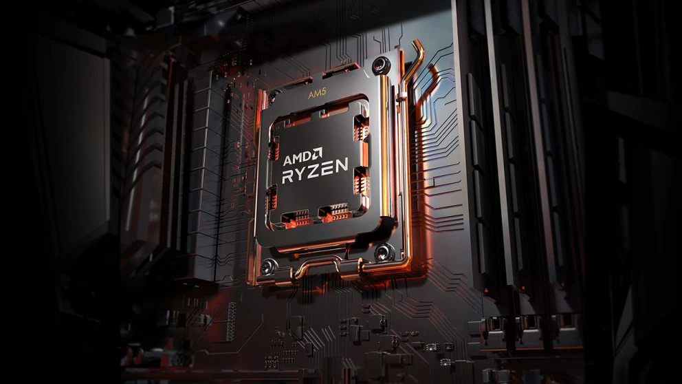 Promotional image of an AMD Ryzen 7000 series CPU in its AM5 motherboard socket