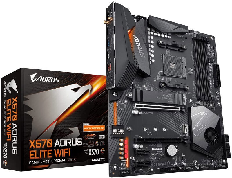 Image of an Aorus X570 motherboard with its box