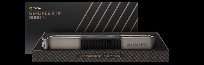 Promotional image of the Nvidia RTX 3080 Ti sat in its box with the lid placed behind it