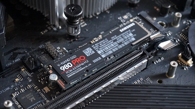 Close up of a Samsung 980 Pro NVMe SSD in its motherboard socket