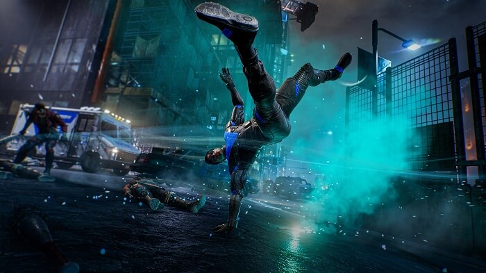 Stylistic image of the character Nightwing during combat in Gotham Knights