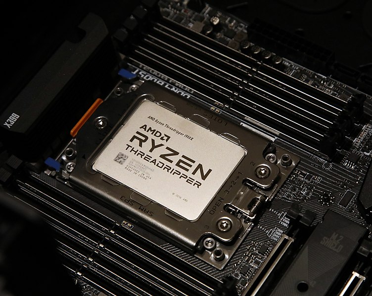 Photo of an AMD Threadripper 1950X CPU in a TR4 socket.