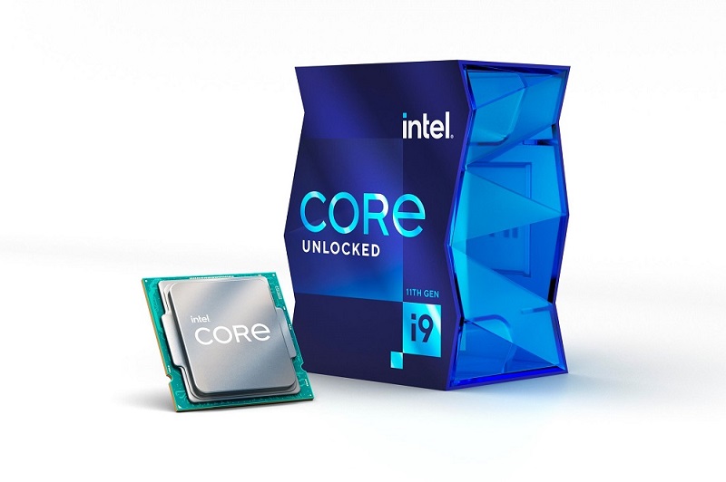 A promotional image of an 11th gen Intel i9 CPU box with the CPU placed beside it in front of a white background