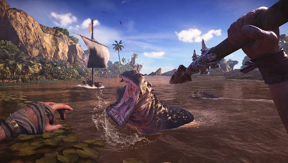 Game capture image for the game Skull and Bones in first person view as the player fights a hippo