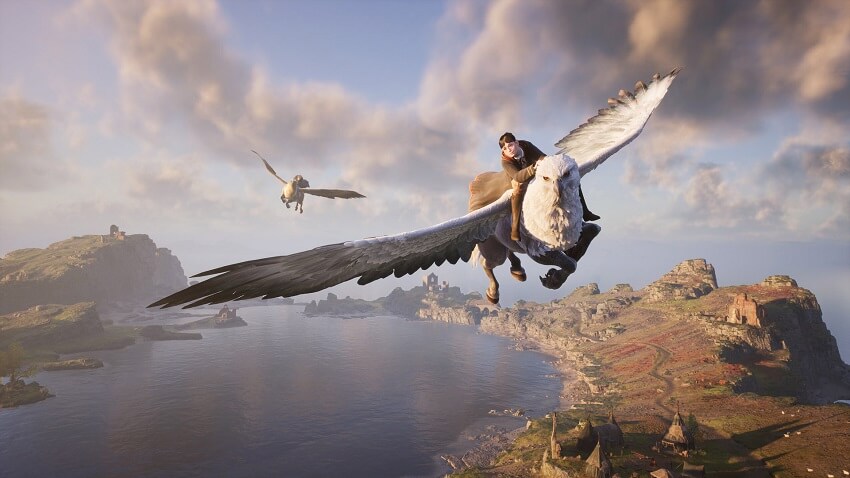 Game capture image from Hogwarts Legacy showing a wizard character flying on a Griffin above a lake