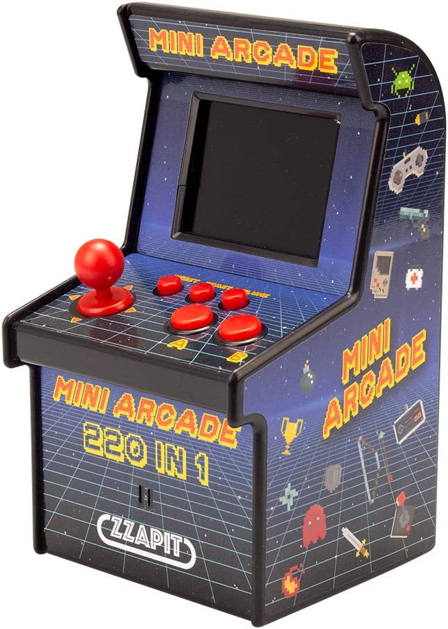Image of a retro mini arcade machine with a red joystick and buttons