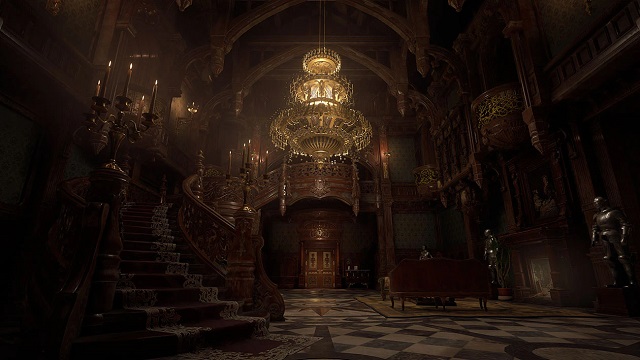 Gameplay capture image from Resident Evil Village of a grand foyer inside Castle Dimitrescu lit up by a large chandelier 