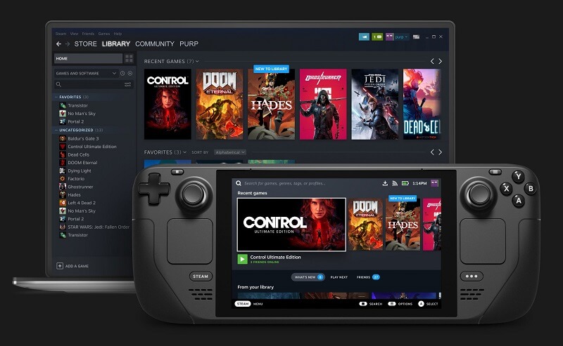 Image of a Steam Deck in front of a laptop both with Steam running on screen