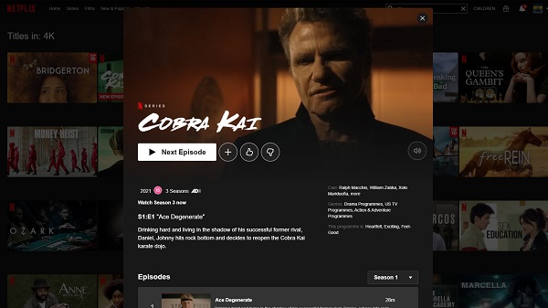 Screenshot that highlights Cobra Kai as the selected choice on Netflix
