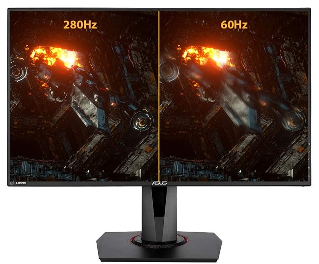 Image of a high refresh rate Asus monitor showcasing the motion blur difference between 280Hz and 60Hz