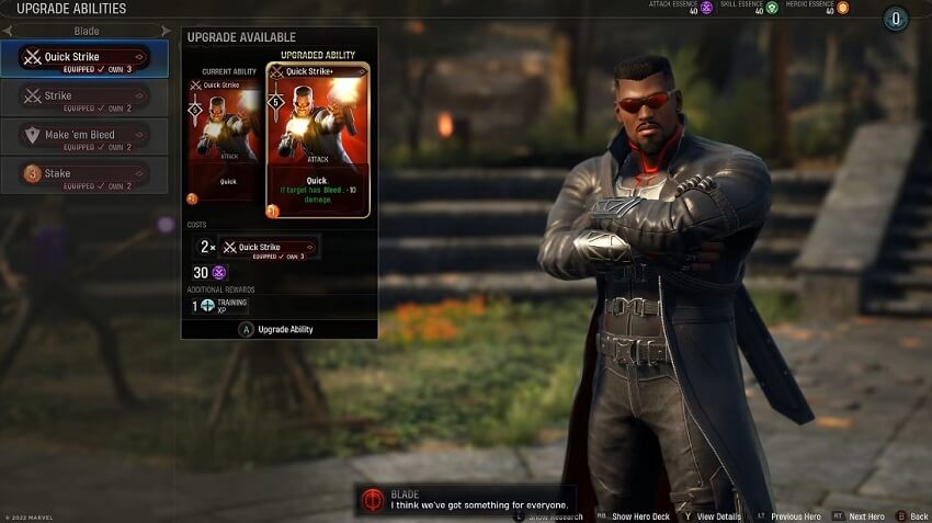 Gameplay image from Marvel's Midnight Suns showing a character upgrade screen
