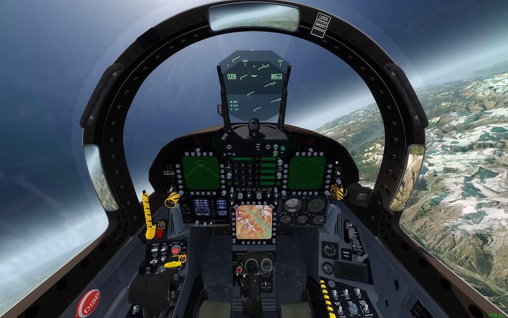 Screen capture image from Flight Sim X sat inside a cockpit showing the controls and the mountains below