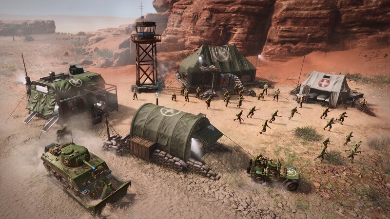 Game capture image from Company of Heroes 3 showing an army base