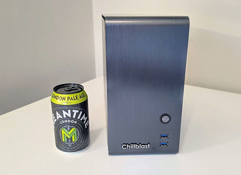 Image of the complete Chillblast Fusion Pocket Rocket PC next to a 330ml drink can for size comparison