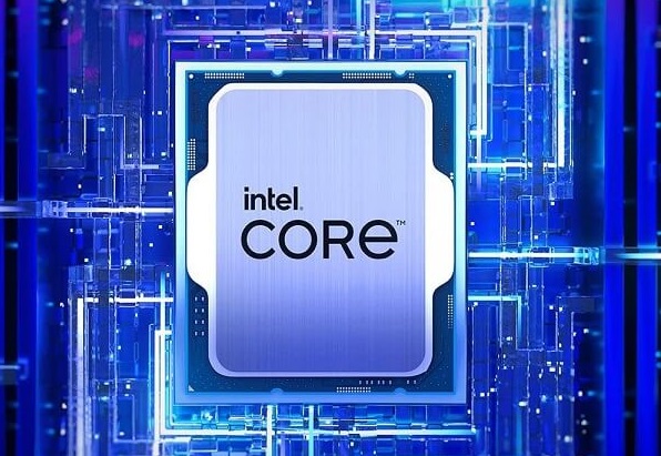 Promotional image of an Intel Raptor Lake CPU against a glowing blue and white background