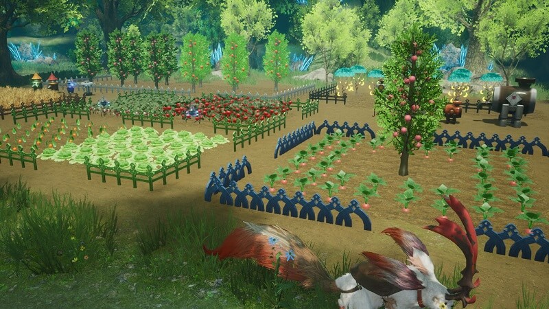 Game capture image from Harvestella of an established farm with a range of different crops planted in small sections