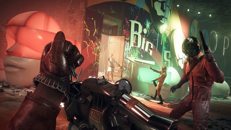 Screen capture image from the game Deathloop showing the player reloading a large gun 