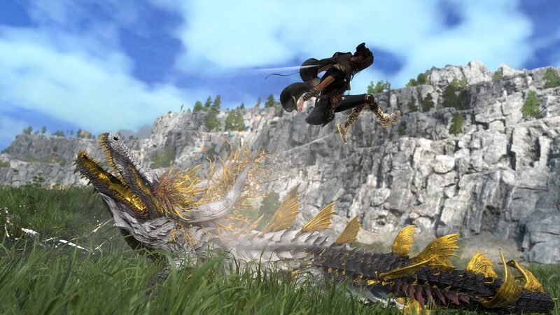 Game capture image from Forspoken showing the main character in combat with a large beast