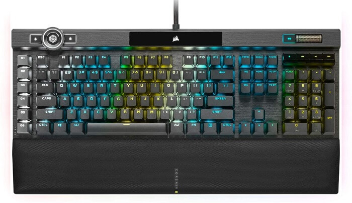 Image of a Corsair K100 RGB Optical gaming keyboard with blue, green and yellow RGB lighting